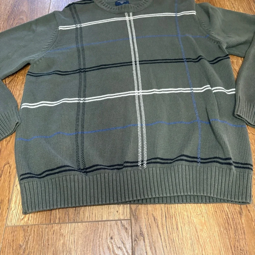 90s Dockers Mens L Tall LT Olive Green Plaid Cotton Crewneck Sweater Knit preppy